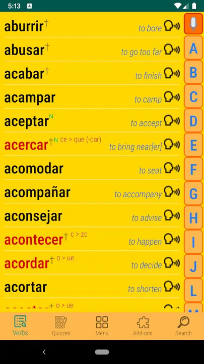 Screenshot of BeneSoft’s VerbES Spanish vocabulary Android app